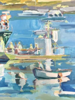 Huile sur toile signée, port de pêche aux barques colorées