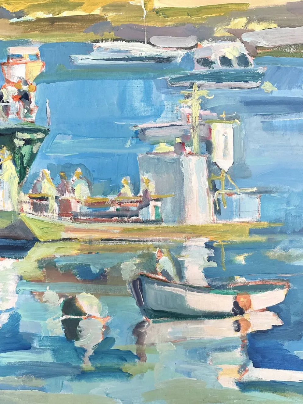 Huile sur toile signée, port de pêche aux barques colorées