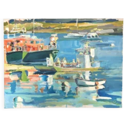 Huile sur toile signée, port de pêche aux barques colorées