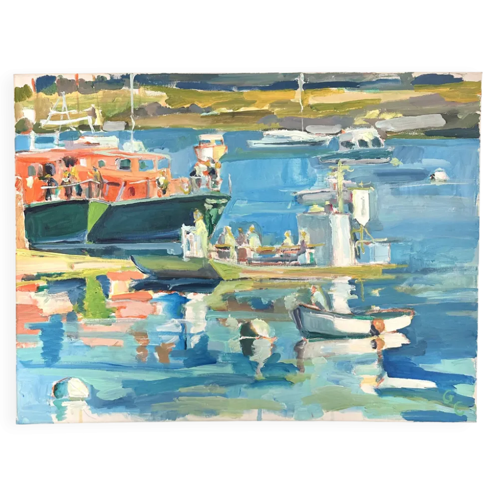 Huile sur toile signée, port de pêche aux barques colorées