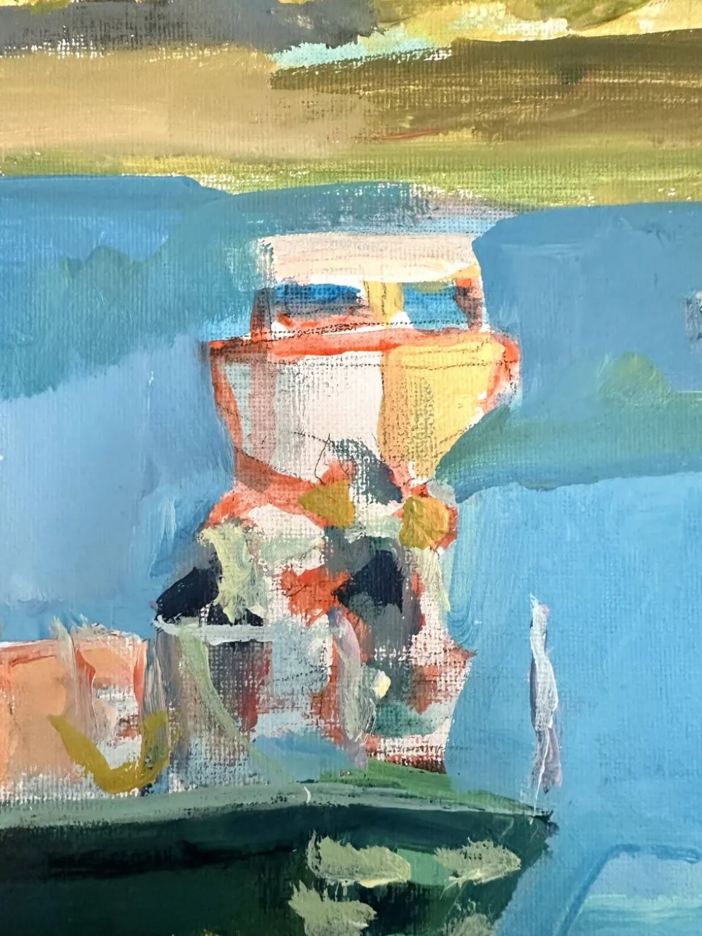 Huile sur toile signée, port de pêche aux barques colorées