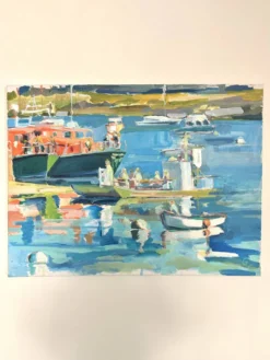 Huile sur toile signée, port de pêche aux barques colorées