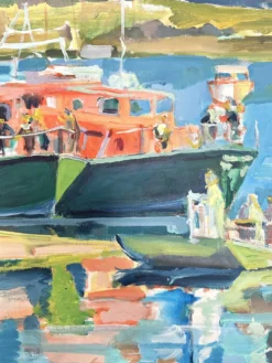 Huile sur toile signée, port de pêche aux barques colorées