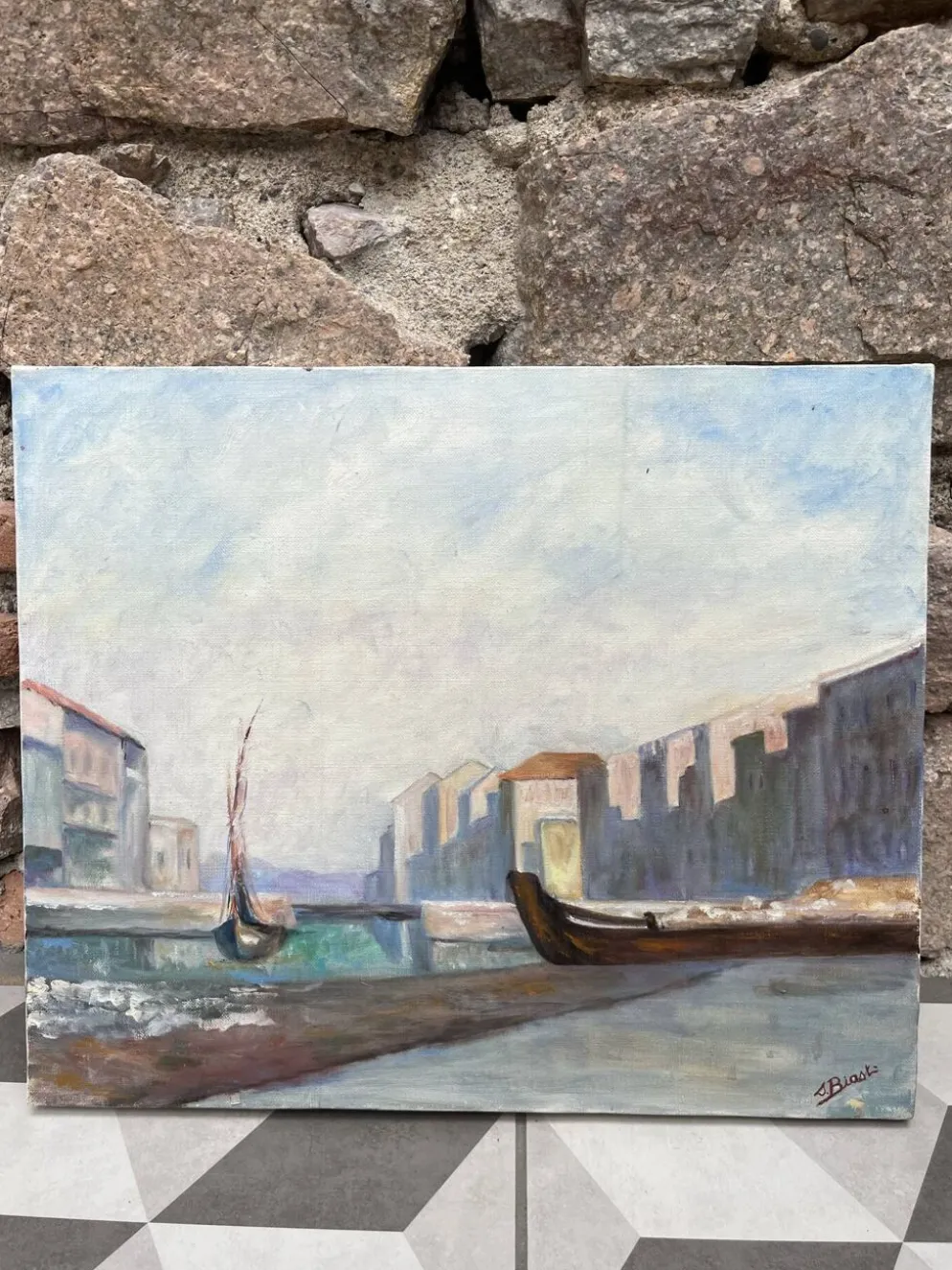 Huile sur toile « un petit port tranquille » années 80