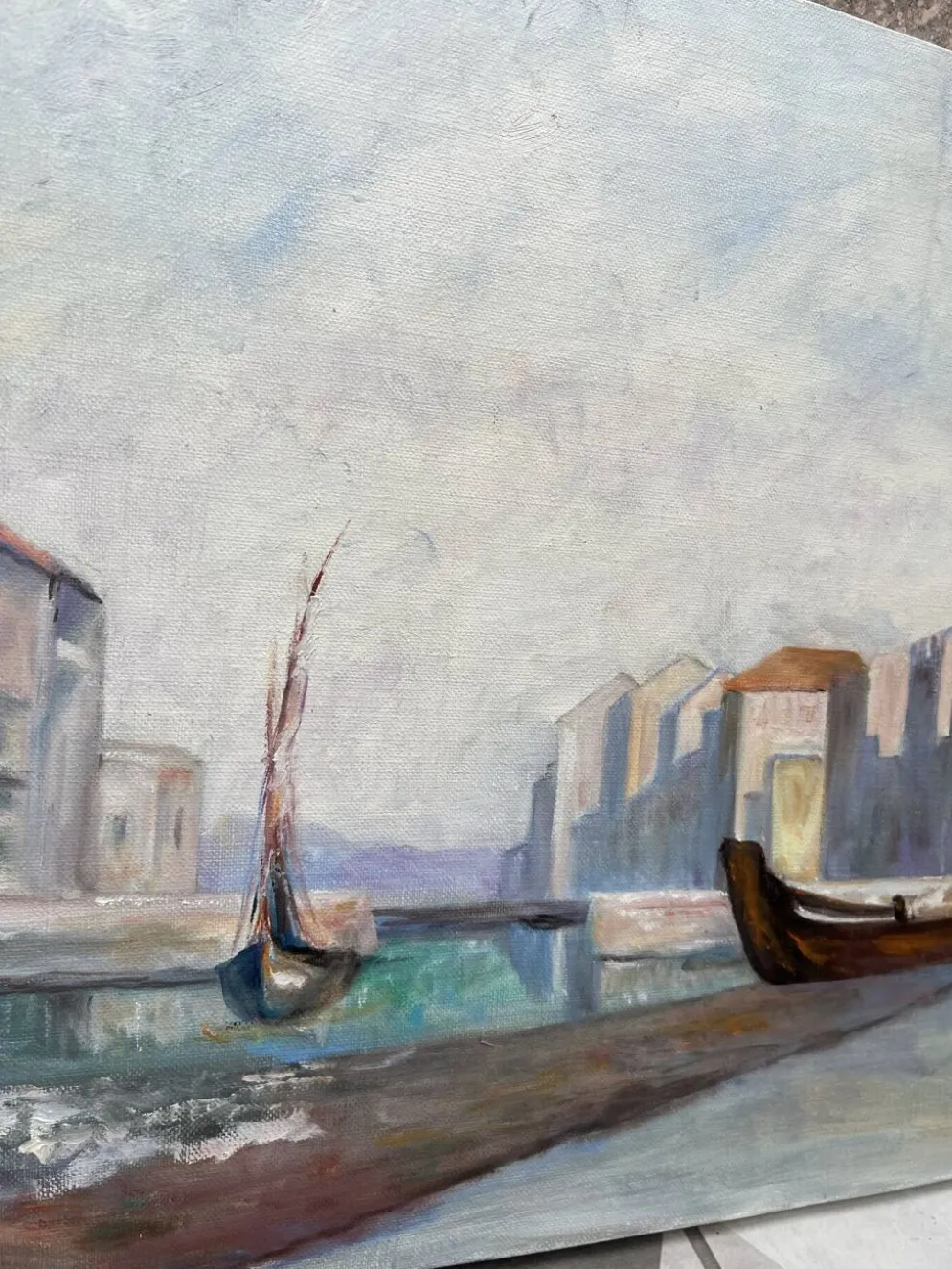 Huile sur toile « un petit port tranquille » années 80