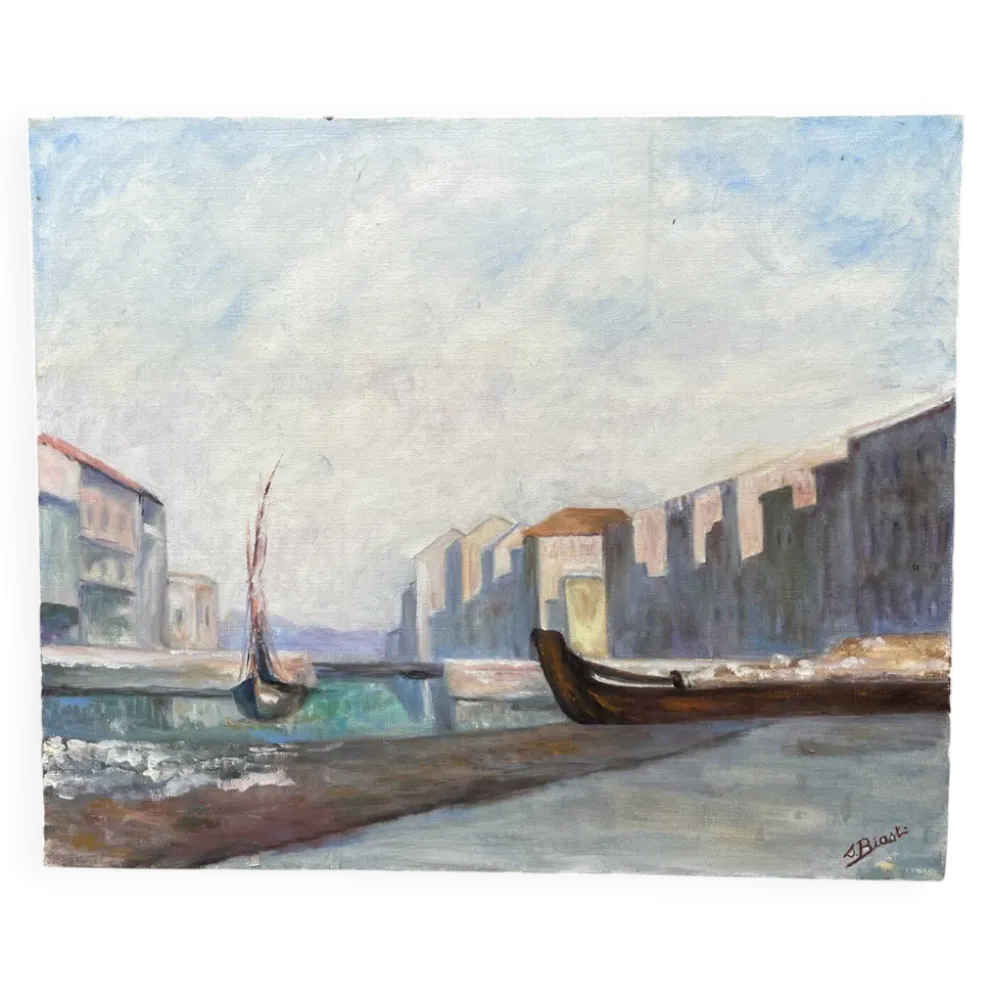 Huile sur toile « un petit port tranquille » années 80