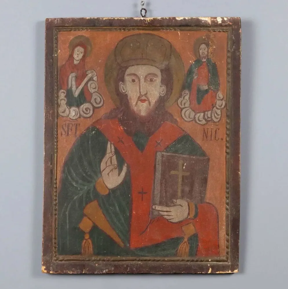 Icône ancienne Saint Nicolas, tempera sur panneau, Roumanie, XIXe siècle