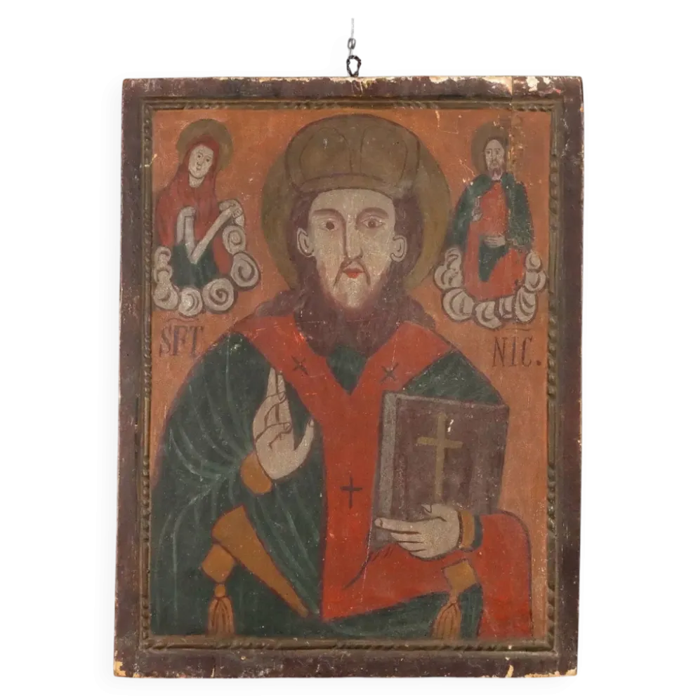 Icône ancienne Saint Nicolas, tempera sur panneau, Roumanie, XIXe siècle