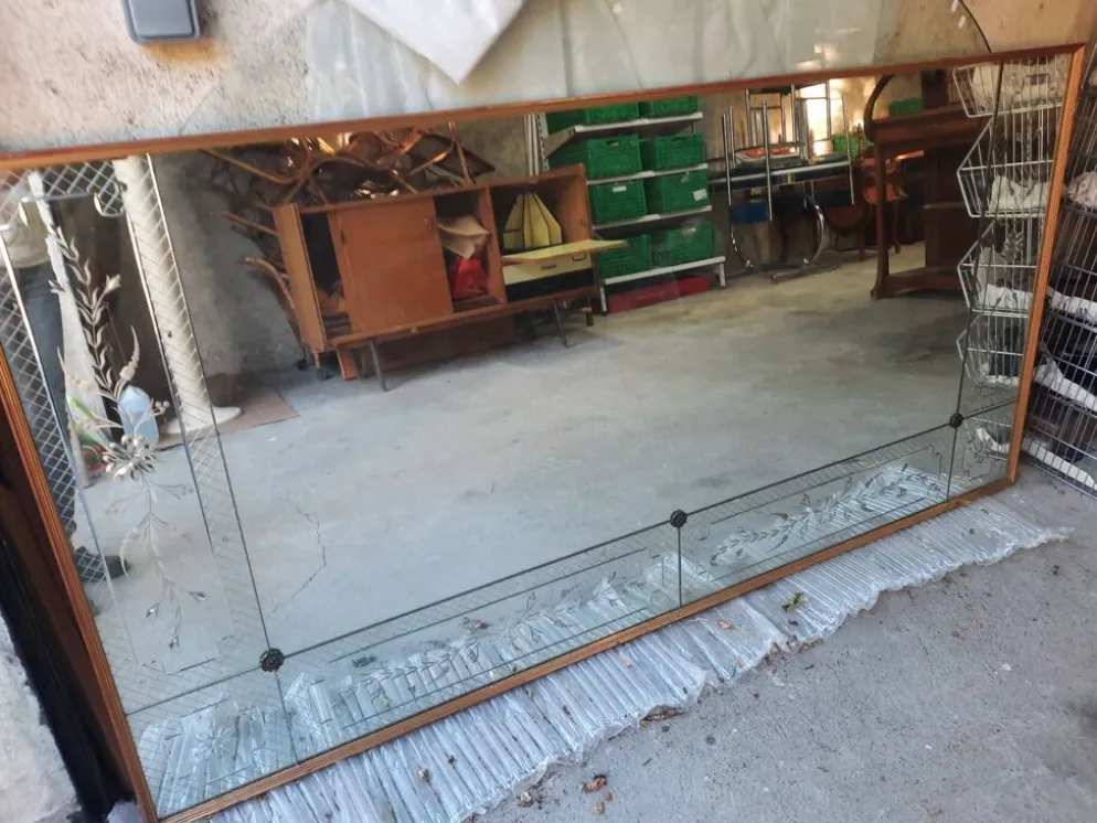 Immense miroir vénitien – 202 cm – verre gravé & biseauté – bois doré