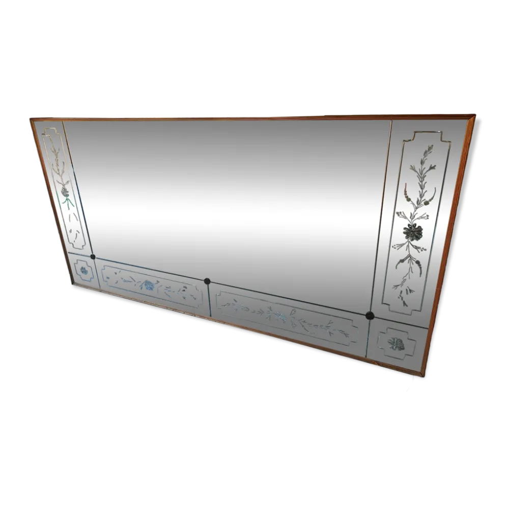 Immense miroir vénitien – 202 cm – verre gravé & biseauté – bois doré