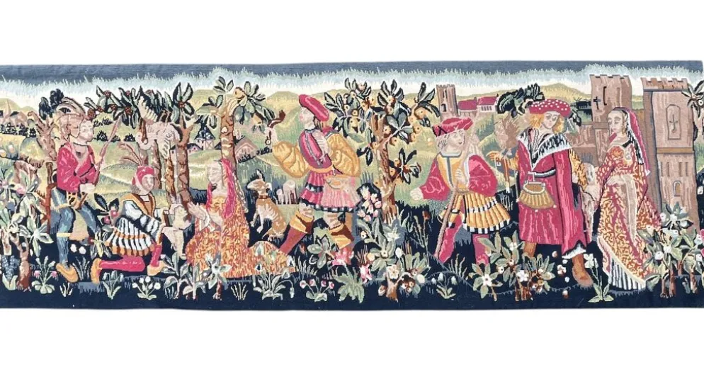 Importante tapisserie à la main Vie médiévale XXème