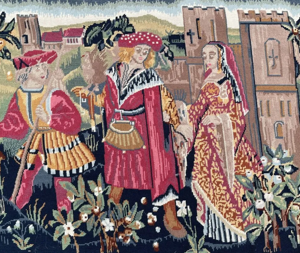 Importante tapisserie à la main Vie médiévale XXème