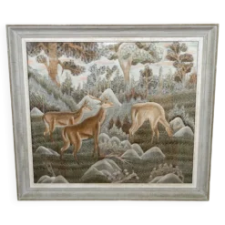 Importante tenture Indochinoise brodée de Soie, Cerfs en forêt, vers 1940