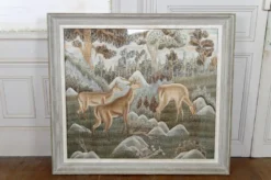 Importante tenture Indochinoise brodée de Soie, Cerfs en forêt, vers 1940