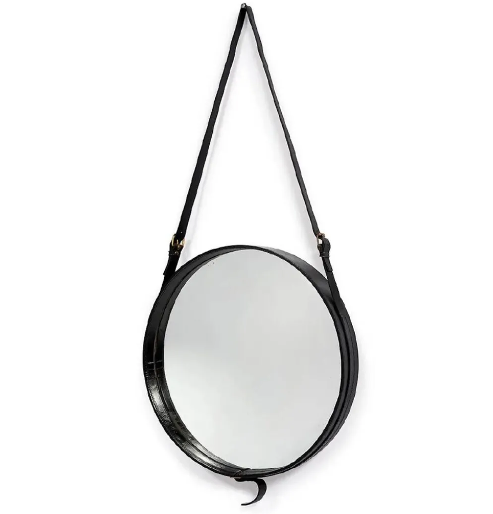 Jacques Adnet paire de miroirs circulaires cuir et laiton