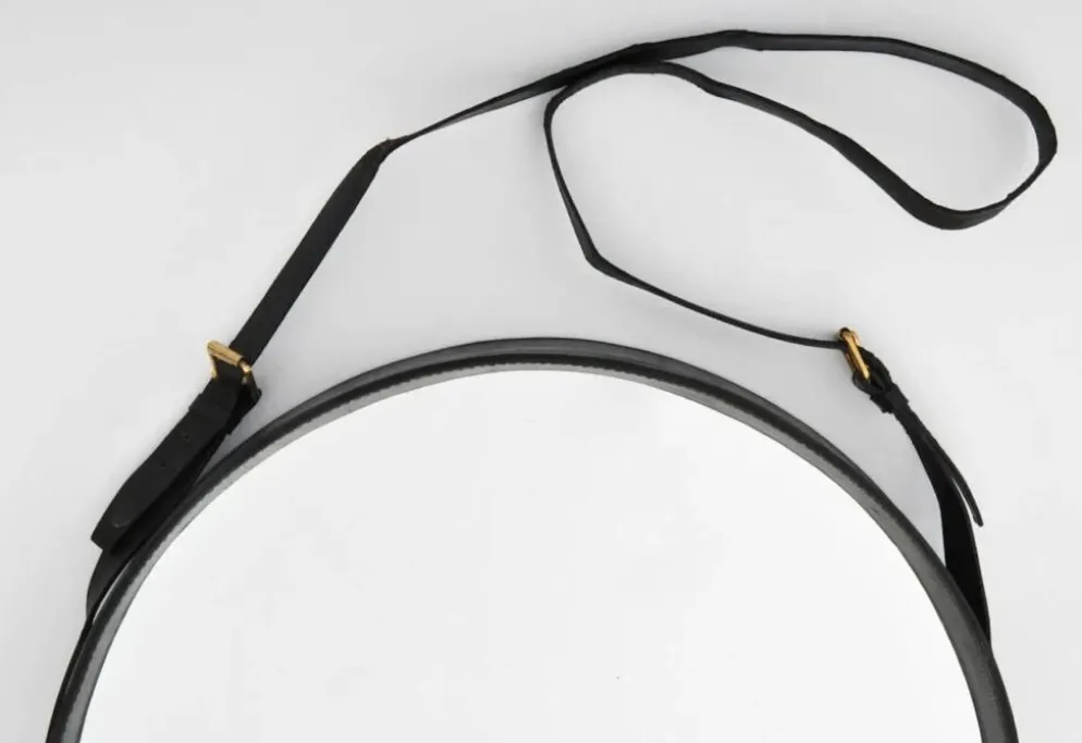 Jacques Adnet paire de miroirs circulaires cuir et laiton