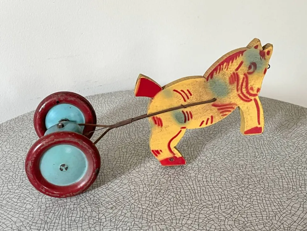 Jouet à tirer ancien, attelage cheval et grelot, Jouet musical