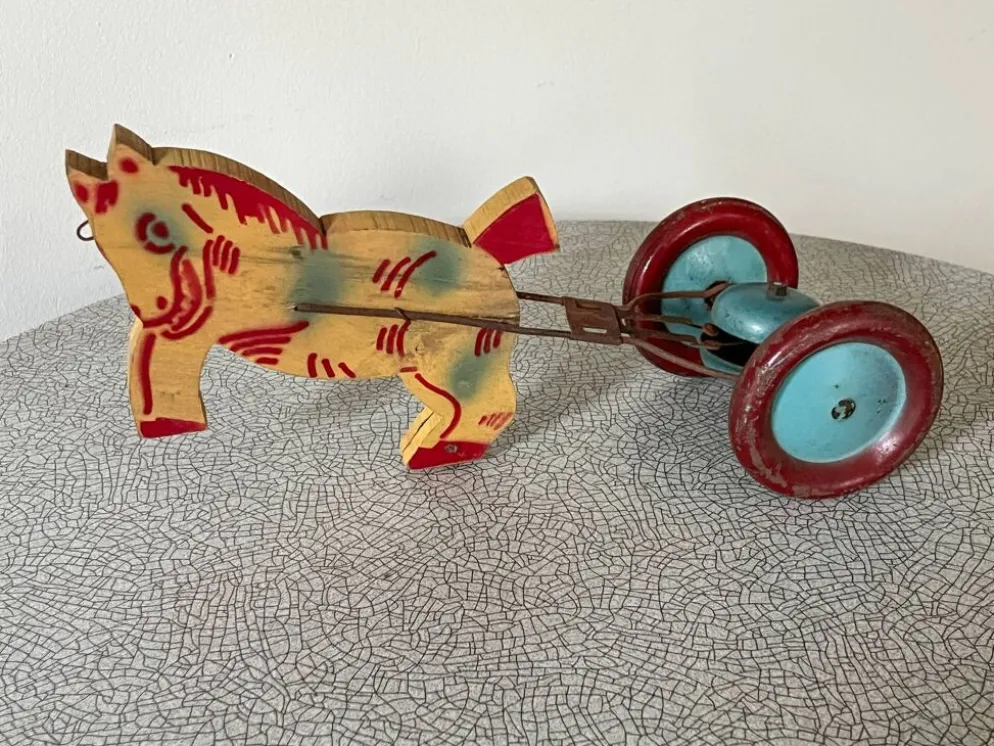 Jouet à tirer ancien, attelage cheval et grelot, Jouet musical