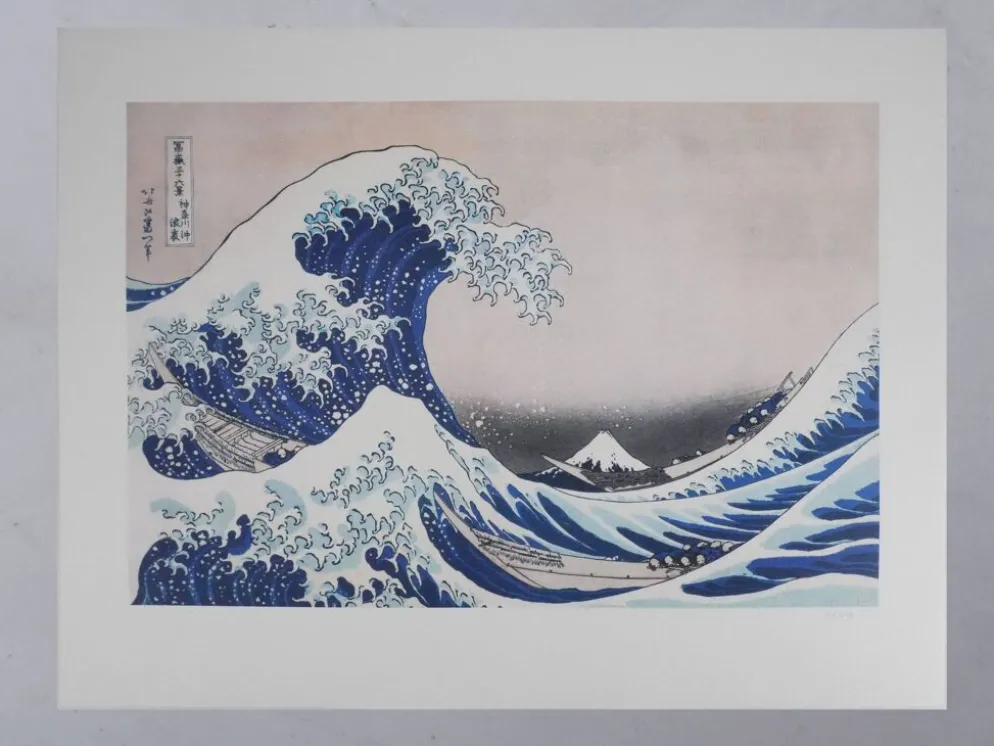 Katsuhika Hokusai : La grande vague de Kanagawa, lithographie signée