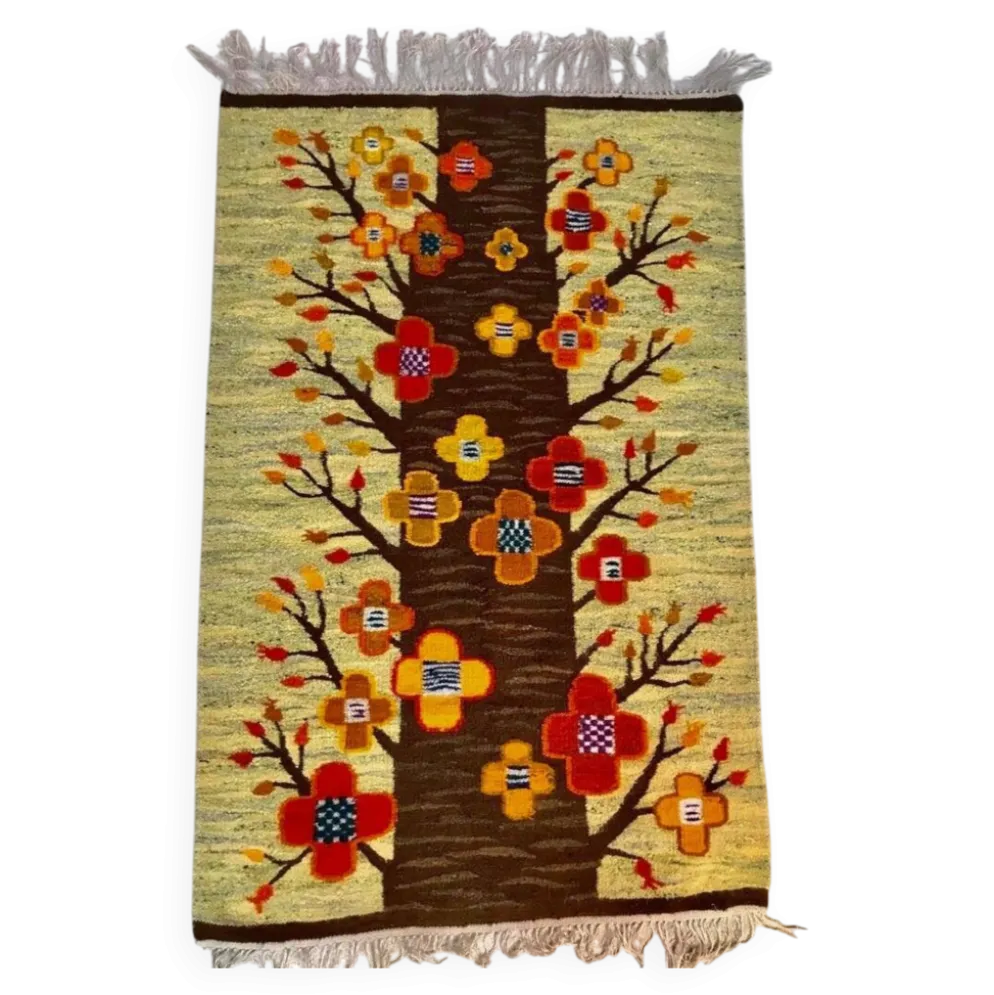 Kilim polonais ou tapis mural avec motif d'arbre et de fleurs de Cepelia, années 1960.