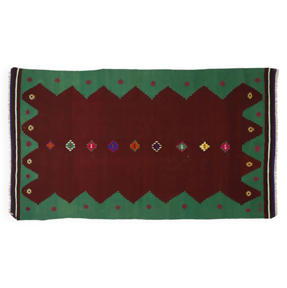Kilim Turc Vintage Anatolien Rouge et Vert 260 x 143 cm