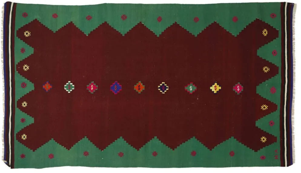Kilim Turc Vintage Anatolien Rouge et Vert 260 x 143 cm