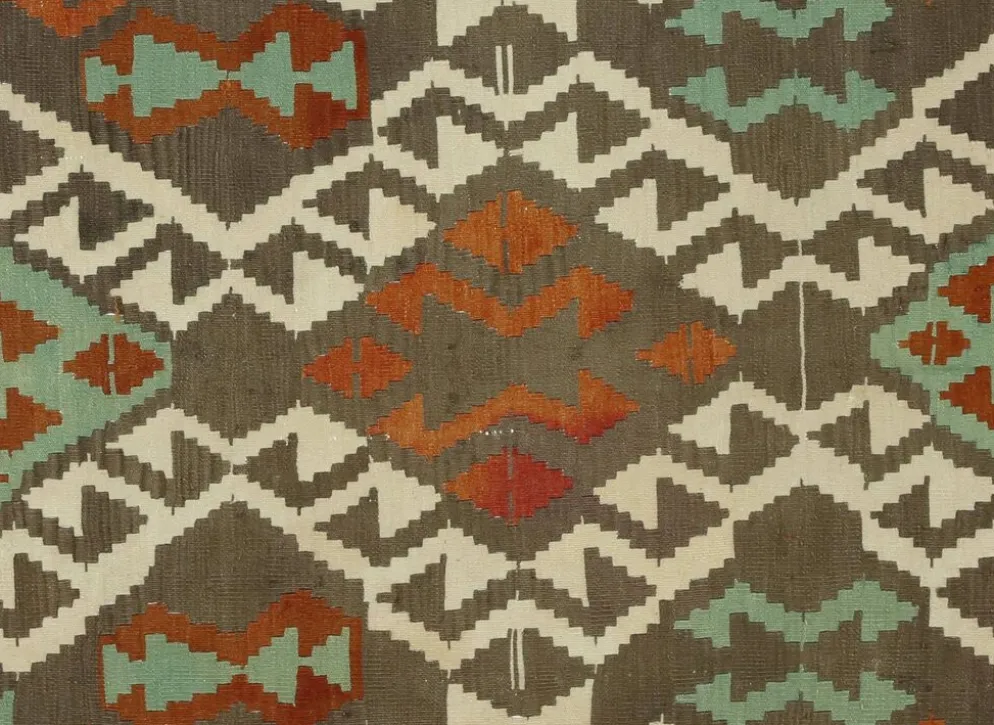 Kilim Turc Vintage Geometrique Vert et Terracotta 232 x 155 cm