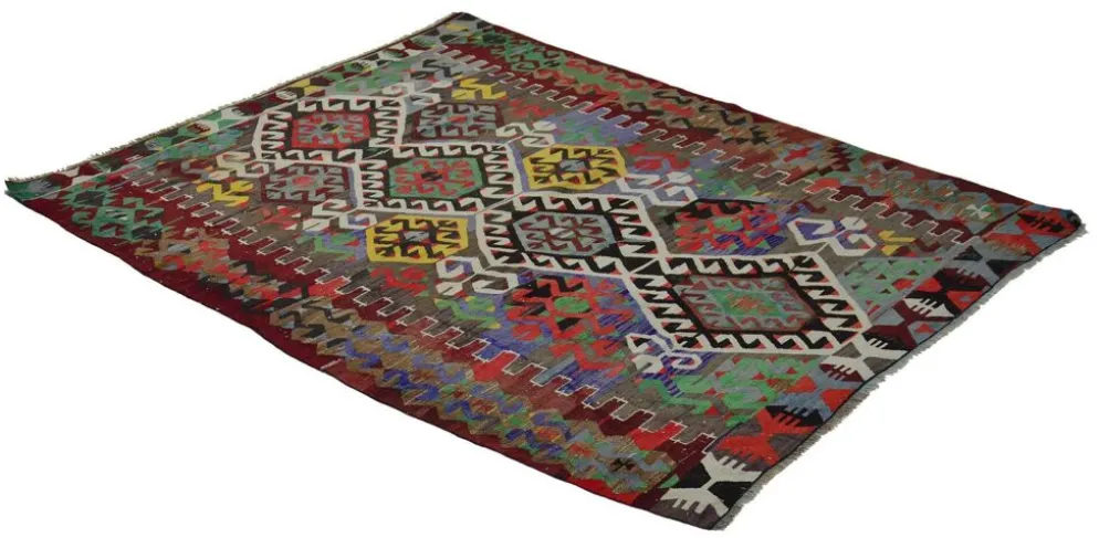 Kilim Turc Vintage Geometrique Vert et Terracotta 232 x 155 cm