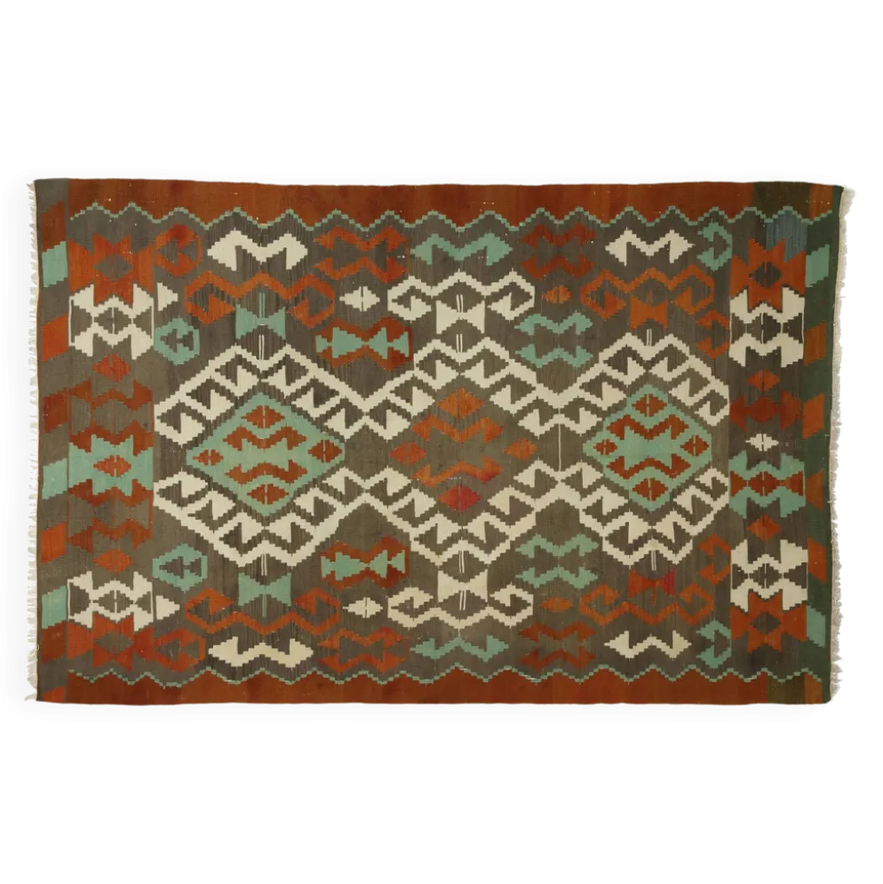 Kilim Turc Vintage Geometrique Vert et Terracotta 232 x 155 cm