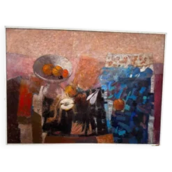 La coupe de fruits. Grande huile sur panneau 130 x 90cm .Ange Tomaselli