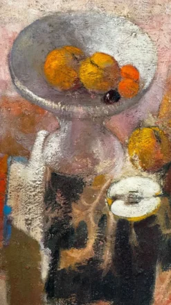 La coupe de fruits. Grande huile sur panneau 130 x 90cm .Ange Tomaselli