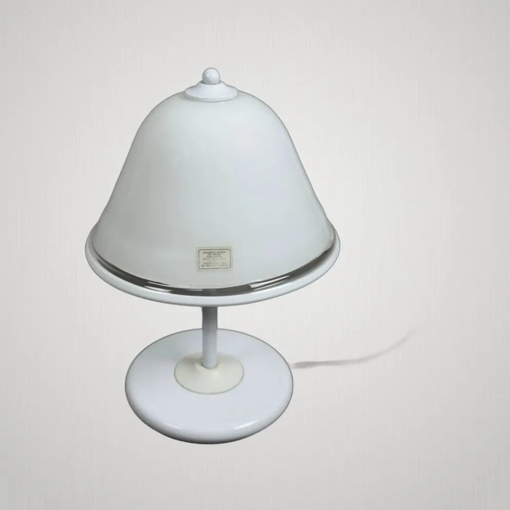 Lampe de table champignon en verre Murano et métal blanc, 1970