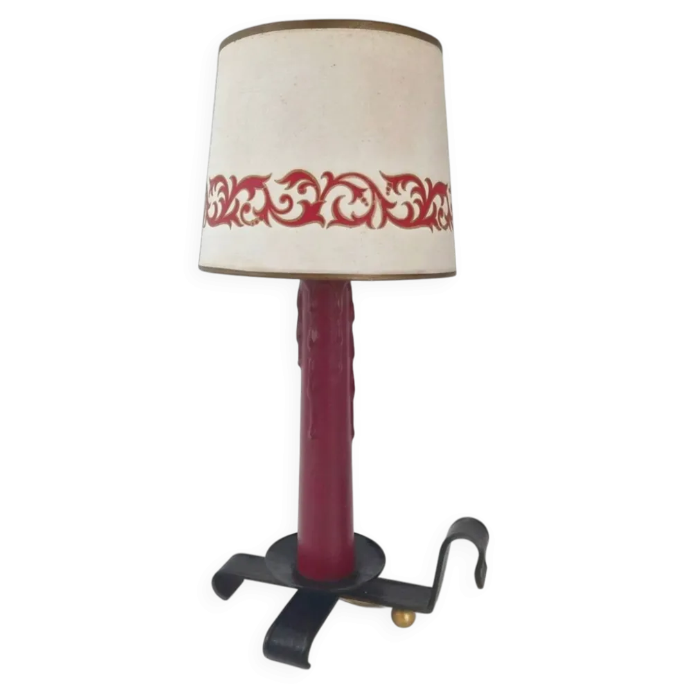 Lampe de table vintage 1950 en cuir noir & bordeaux 50s dlg jacques adnet r