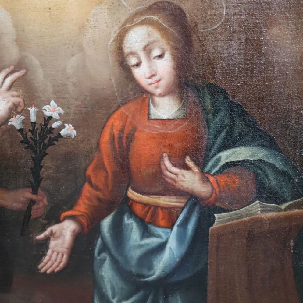L'Annonciation, Italie, 17ème siècle, peinture à l'huile antique sur toile
