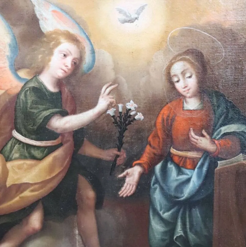 L'Annonciation, Italie, 17ème siècle, peinture à l'huile antique sur toile