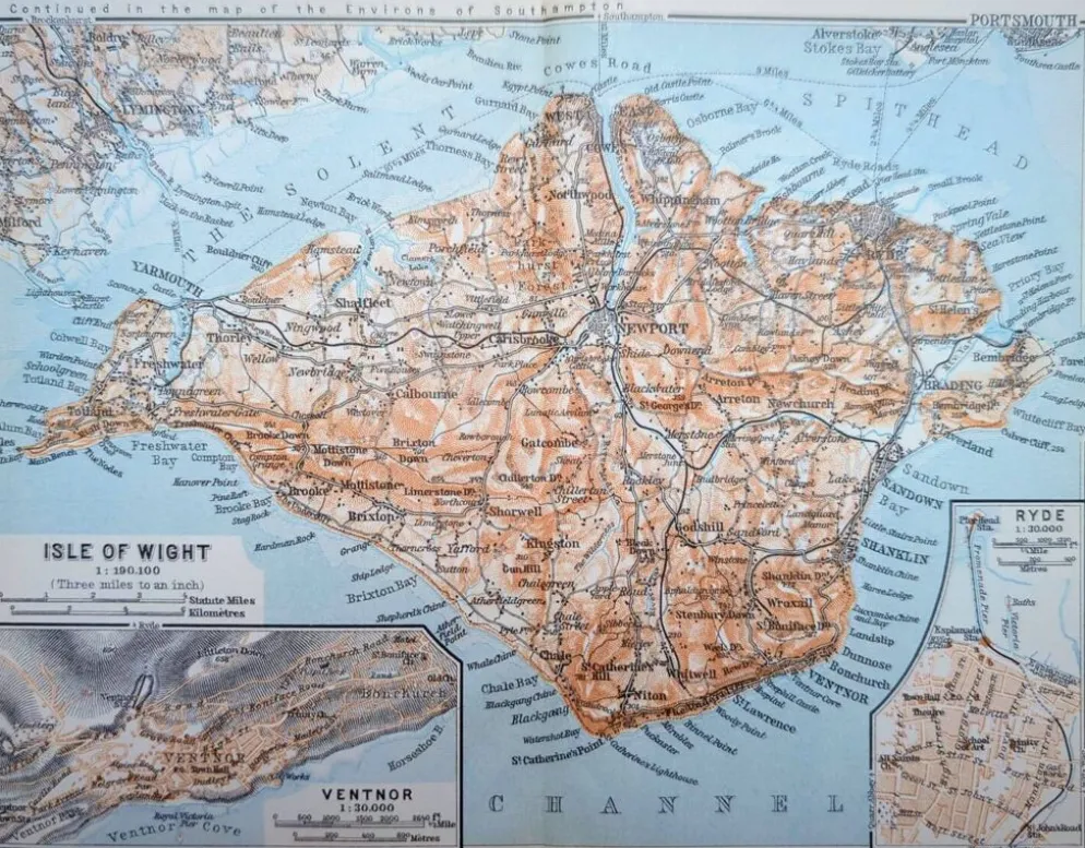 Île de Wight, Angleterre, plan original imprimé en 1913.