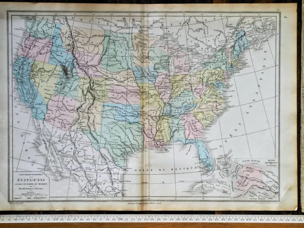 Les États-Unis, carte imprimée en 1879. Vintage Authentique.