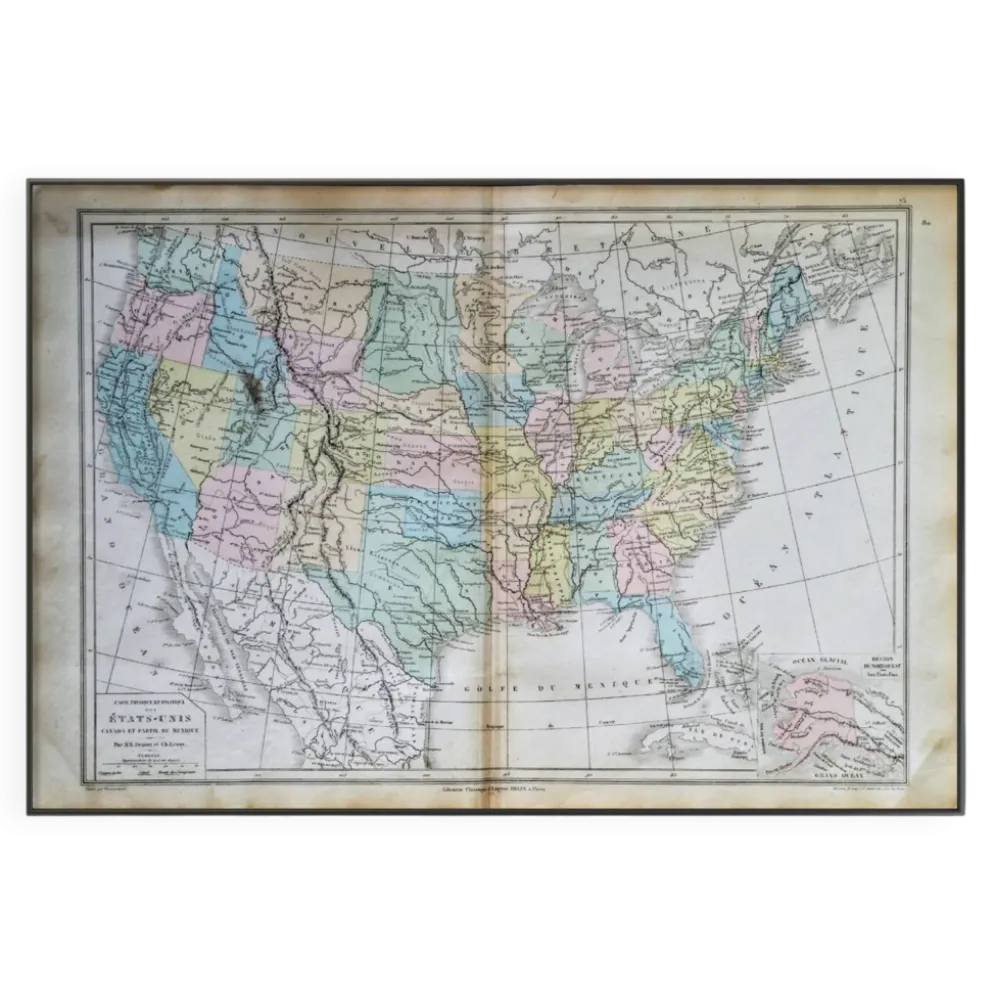 Les États-Unis, carte imprimée en 1879. Vintage Authentique.