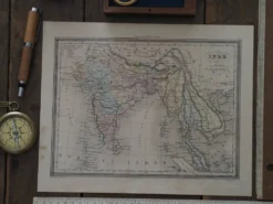 L'Inde, carte imprimée en 1852. Vintage Authentique. 29.5x24cm