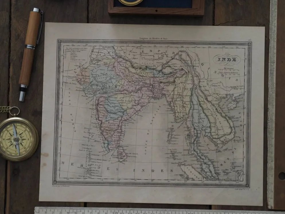 L'Inde, carte imprimée en 1852. Vintage Authentique. 29.5x24cm