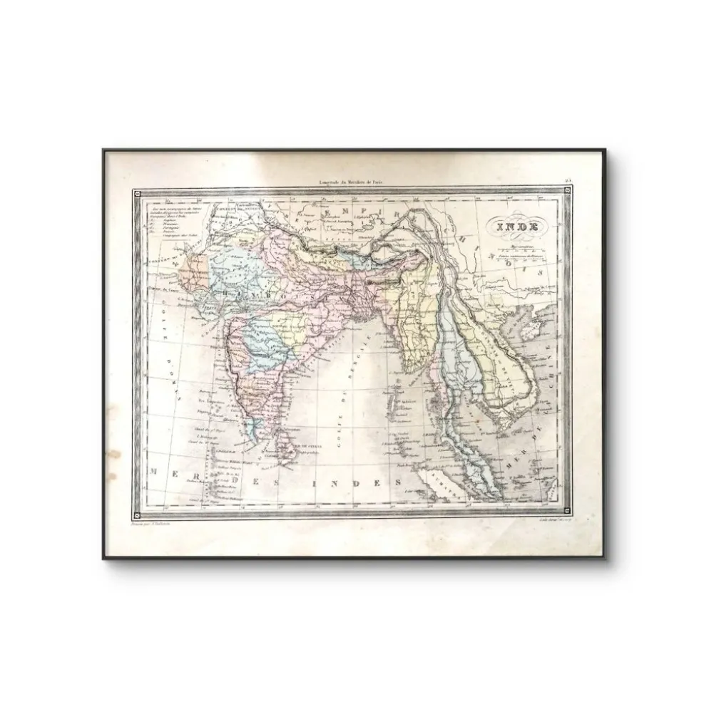L'Inde, carte imprimée en 1852. Vintage Authentique. 29.5x24cm