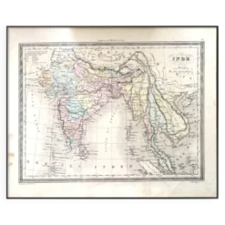 L'Inde, carte imprimée en 1852. Vintage Authentique. 29.5x24cm