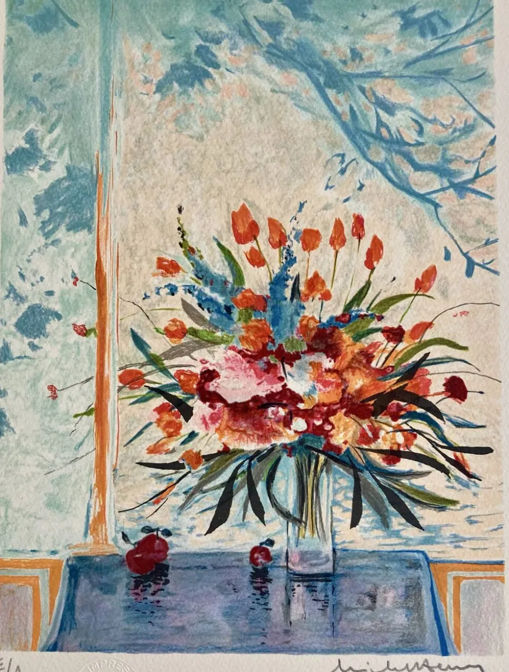 Lithographie (EA) signée Michel Henry - Bouquet à la fenêtre