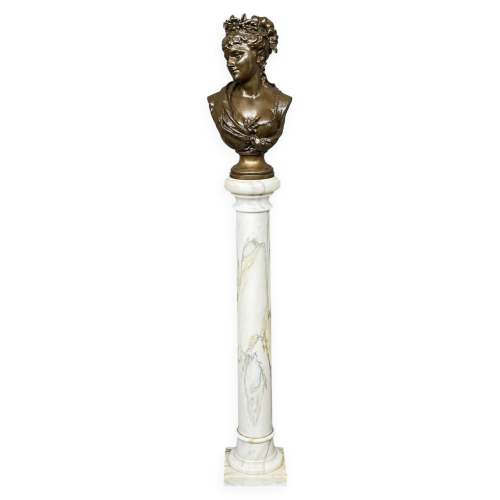 Léopold Harzé (1831–1893). Buste en bronze d'une jeune femme sur base en marbre. Belgique. Daté 1878.
