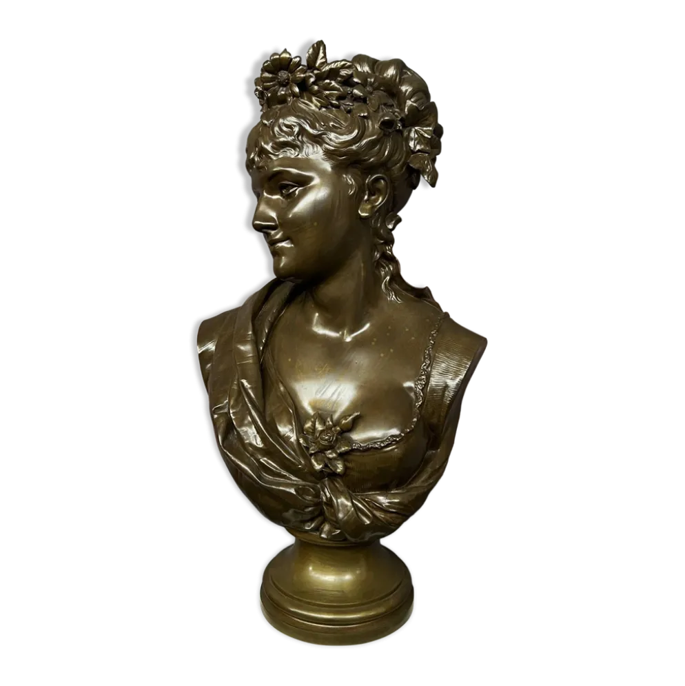 Léopold Harzé (1831–1893). Buste en bronze d'une jeune femme sur base en marbre. Belgique. Daté 1878.