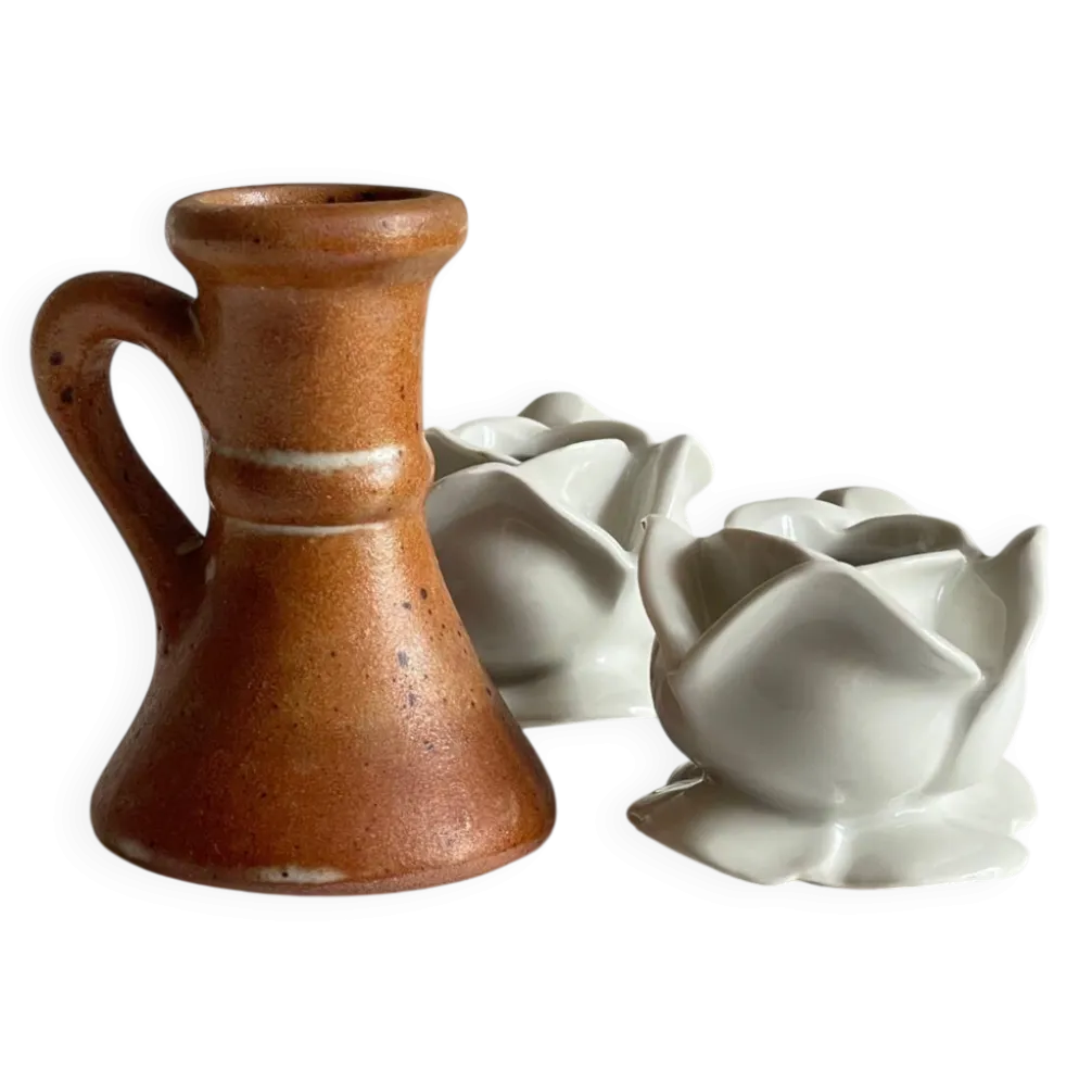 Lot bougeoirs porcelaine et grès vintage