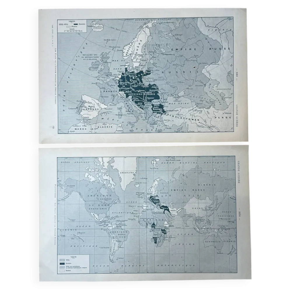 Lot de 2 cartes “Grande Guerre” - Europe et Planisphère 18x29cm