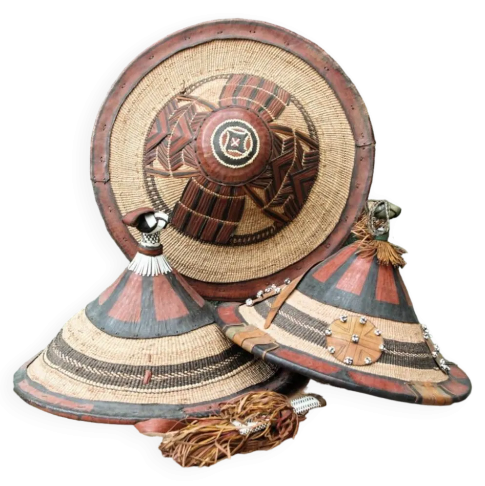 Lot de 3 chapeaux de paille et cuir, peuple Peul, Mali