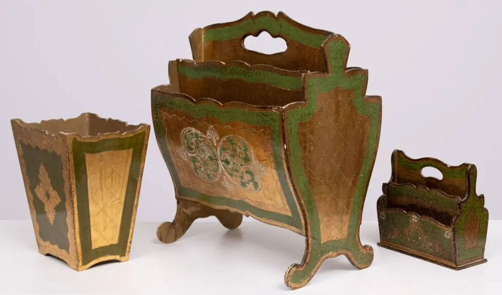 Lot de 3 porte-journaux florentins, porte-lettres, corbeille à papier années 1960 italie