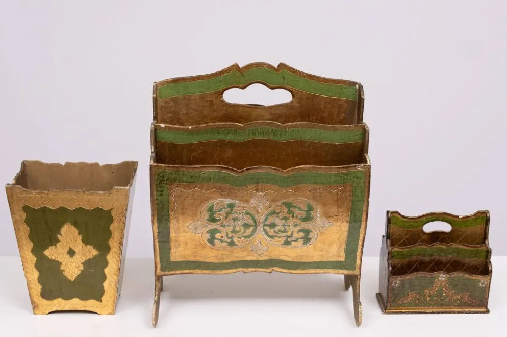 Lot de 3 porte-journaux florentins, porte-lettres, corbeille à papier années 1960 italie